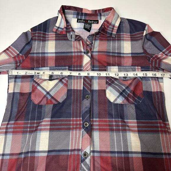 POLLY & ESTHER Blue Red Plaid Long Sleeve Button Down Shirt Medium - Picture 7 of 8